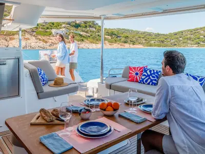 Deck of Fountaine Pajot New 44, a catamaran at Pula, Croatia