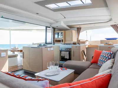 Salon of Fountaine Pajot New 44, a catamaran at Pula, Croatia