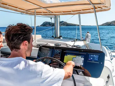 Cockpit of Fountaine Pajot New 44, a catamaran at Pula, Croatia