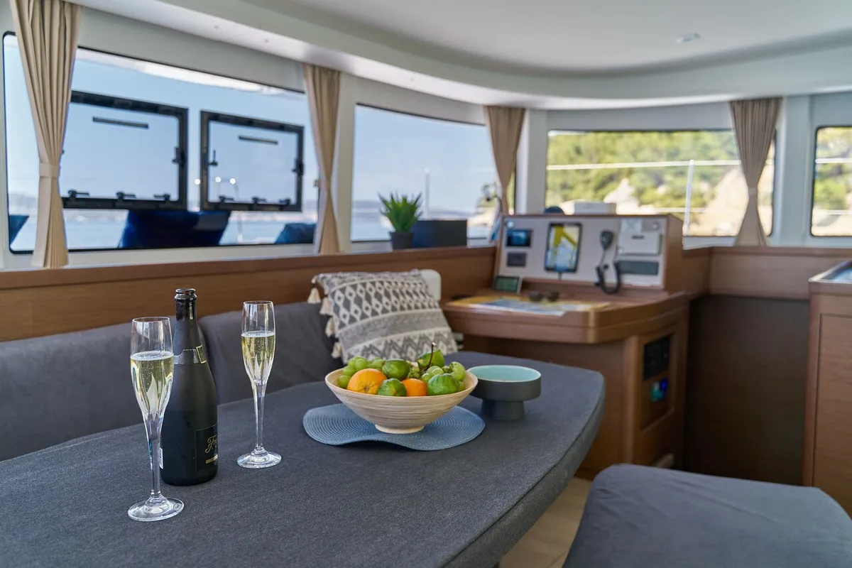 Salon of Aura, a Lagoon 42 catamaran at Grad Kaštela, Croatia