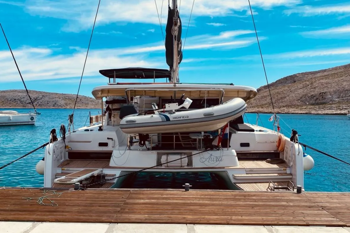 Exterior view of Aura, a Lagoon 42 catamaran at Grad Kaštela, Croatia