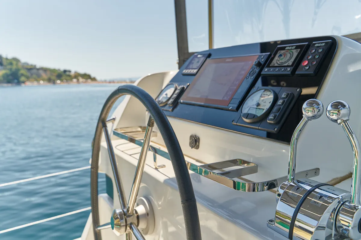 Cockpit of Aura, a Lagoon 42 catamaran at Grad Kaštela, Croatia