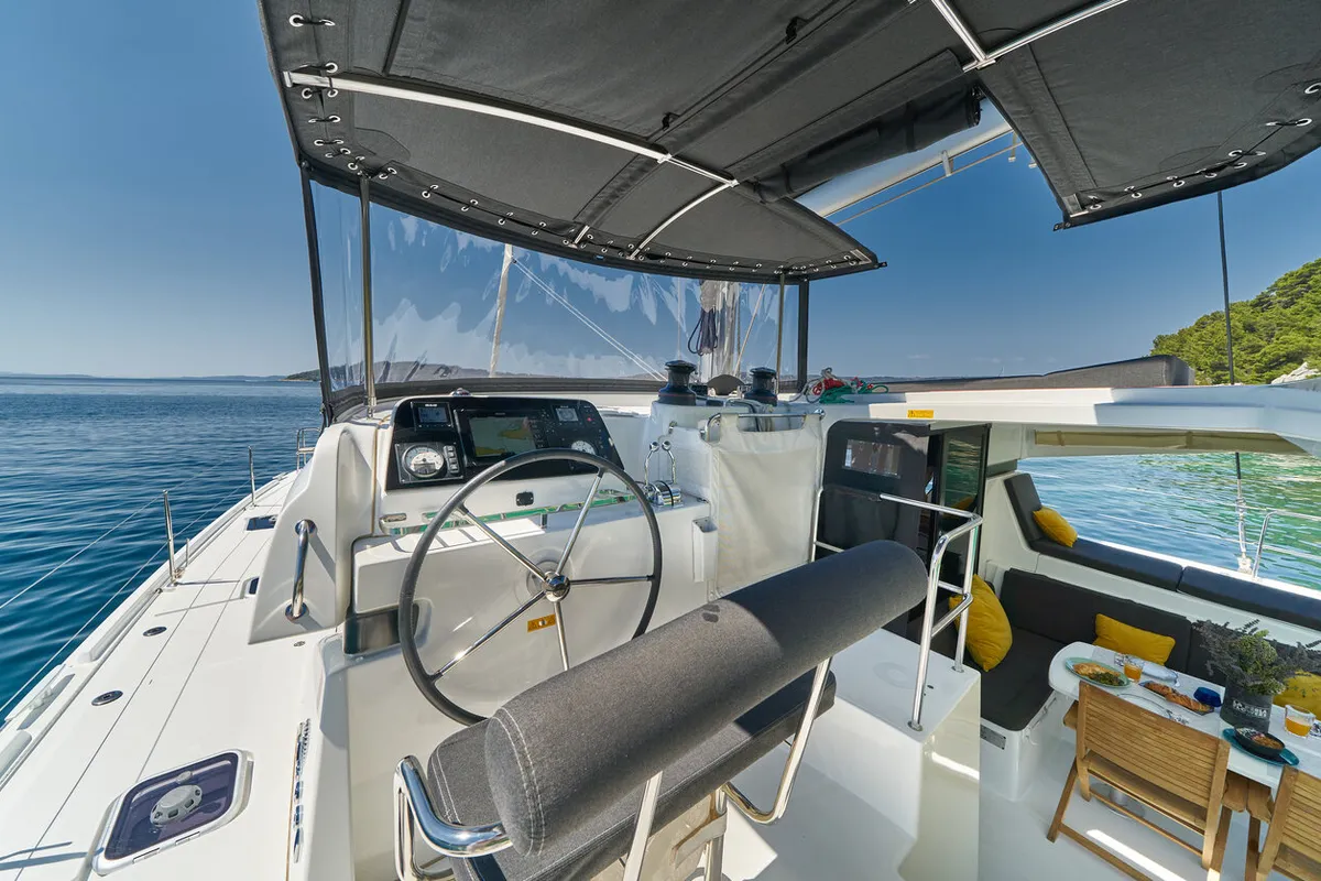 Cockpit of Aura, a Lagoon 42 catamaran at Grad Kaštela, Croatia