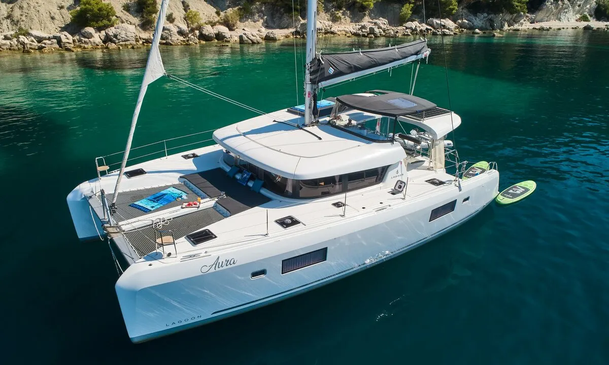 Exterior view of Aura, a Lagoon 42 catamaran at Grad Kaštela, Croatia