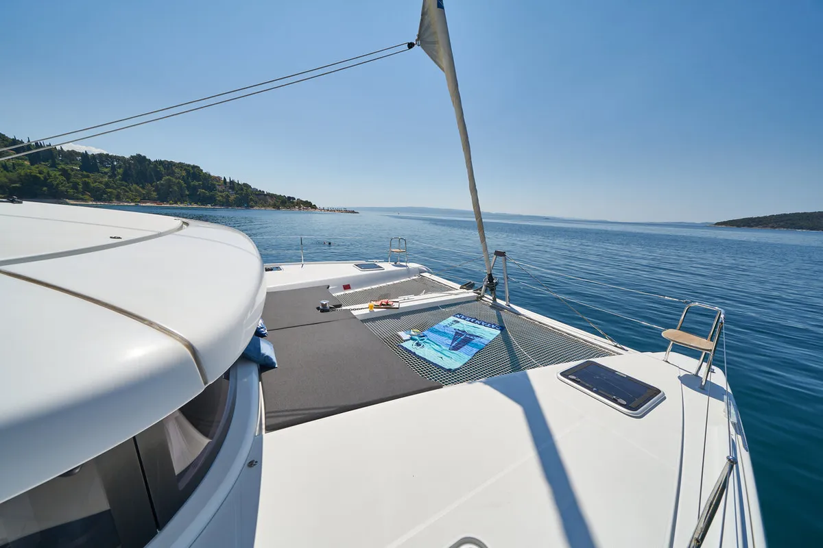 Deck of Aura, a Lagoon 42 catamaran at Grad Kaštela, Croatia
