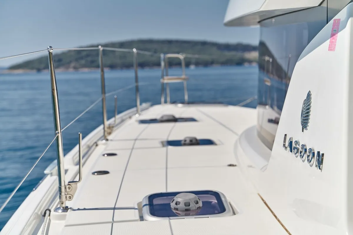 Deck of Aura, a Lagoon 42 catamaran at Grad Kaštela, Croatia