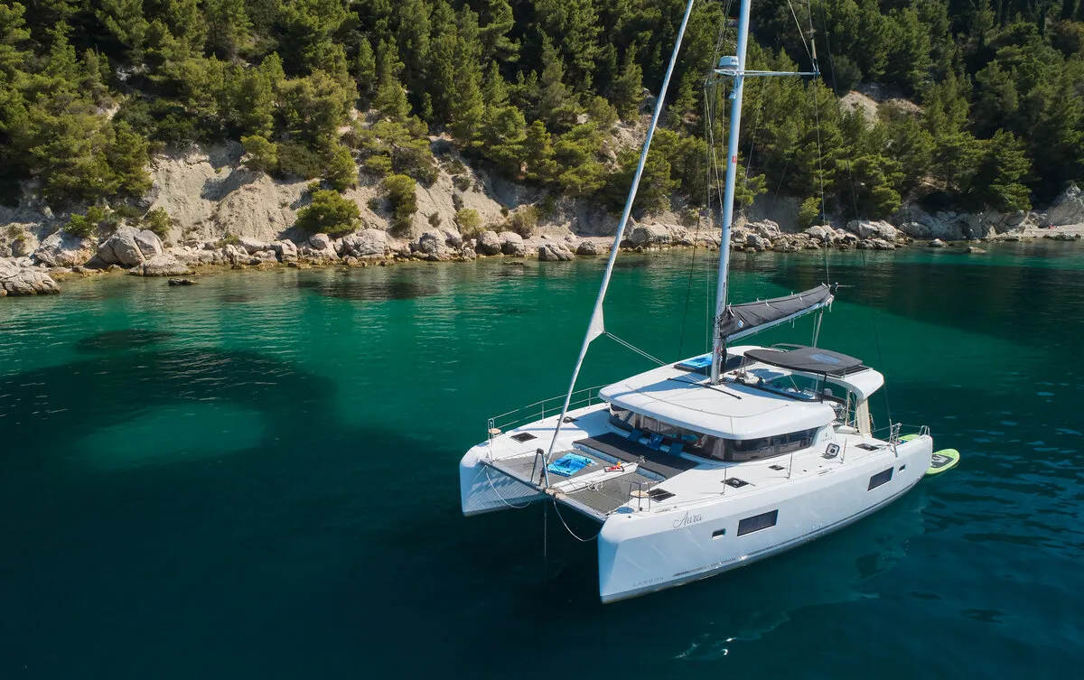 Exterior view of Aura, a Lagoon 42 catamaran at Grad Kaštela, Croatia