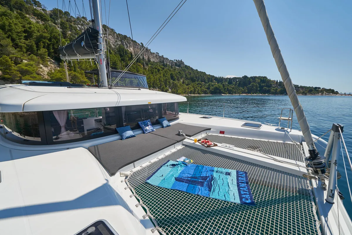 Deck of Aura, a Lagoon 42 catamaran at Grad Kaštela, Croatia