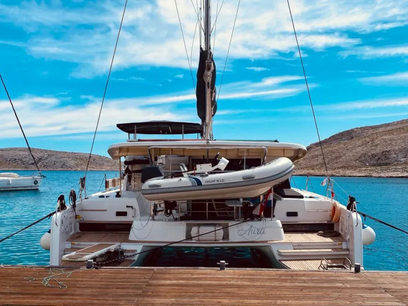 Exterior view of Aura, a Lagoon 42 catamaran at Grad Kaštela, Croatia