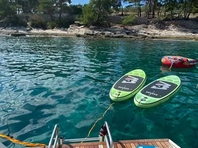 Deck of Aura, a Lagoon 42 catamaran at Grad Kaštela, Croatia