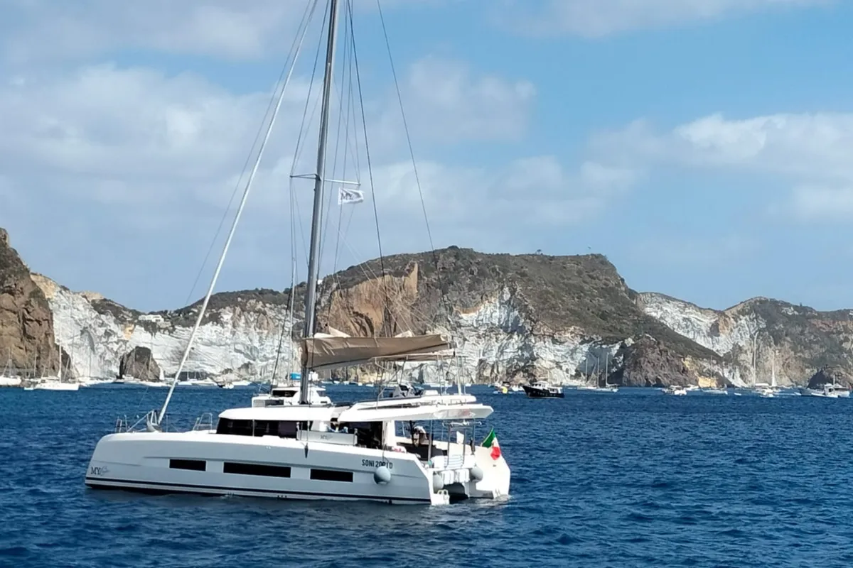 Exterior view of Sonia, a Dufour 48 Catamaran catamaran at Salerno, Italy