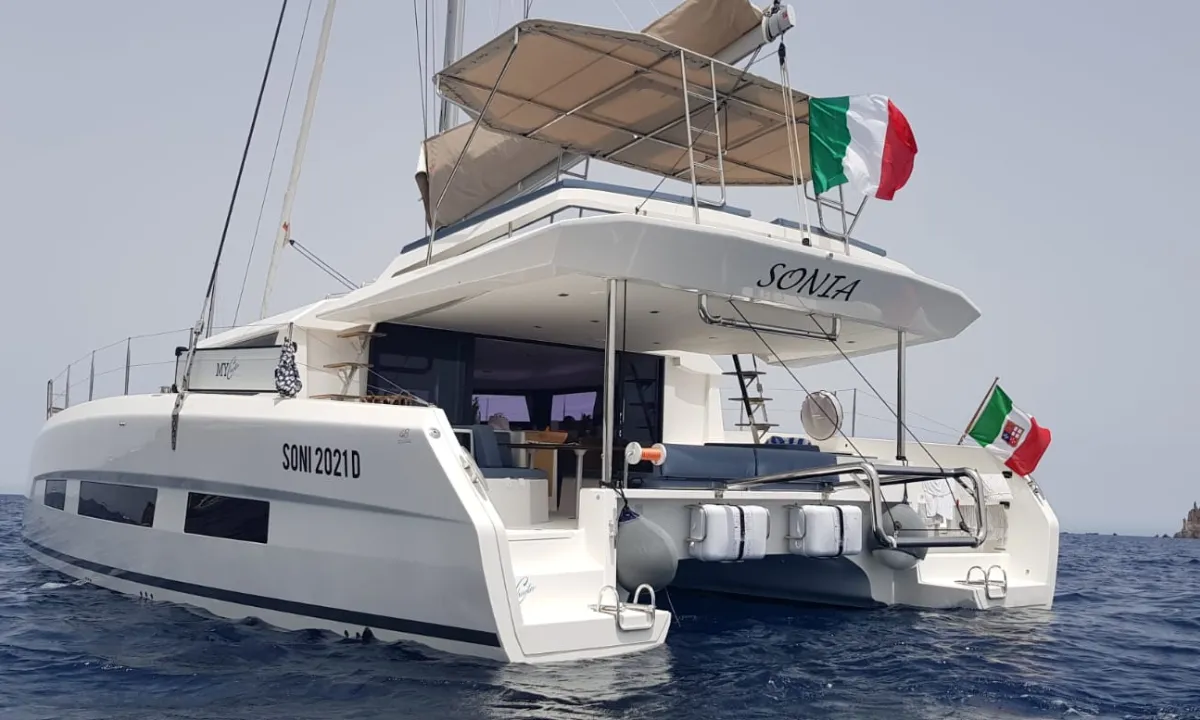 Exterior view of Sonia, a Dufour 48 Catamaran catamaran at Salerno, Italy
