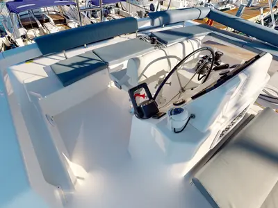 Cockpit of Sonia, a Dufour 48 Catamaran catamaran at Salerno, Italy