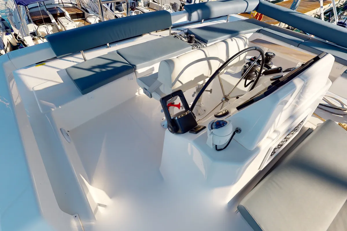 Cockpit of Sonia, a Dufour 48 Catamaran catamaran at Salerno, Italy