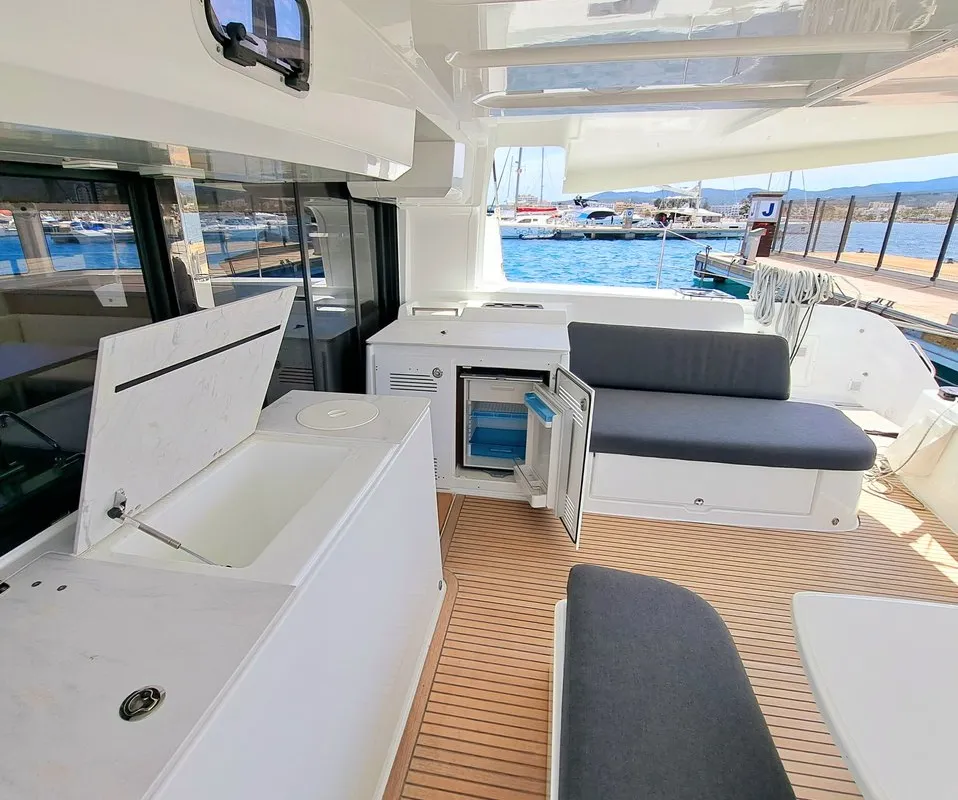 Deck of silver elli, a Lagoon 46 catamaran at Sant Antoni de Portmany, Spain