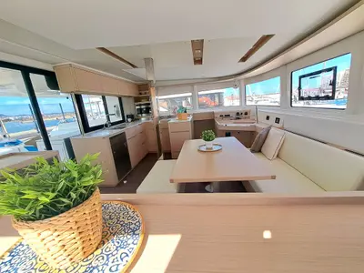 Salon of silver elli, a Lagoon 46 catamaran at Sant Antoni de Portmany, Spain