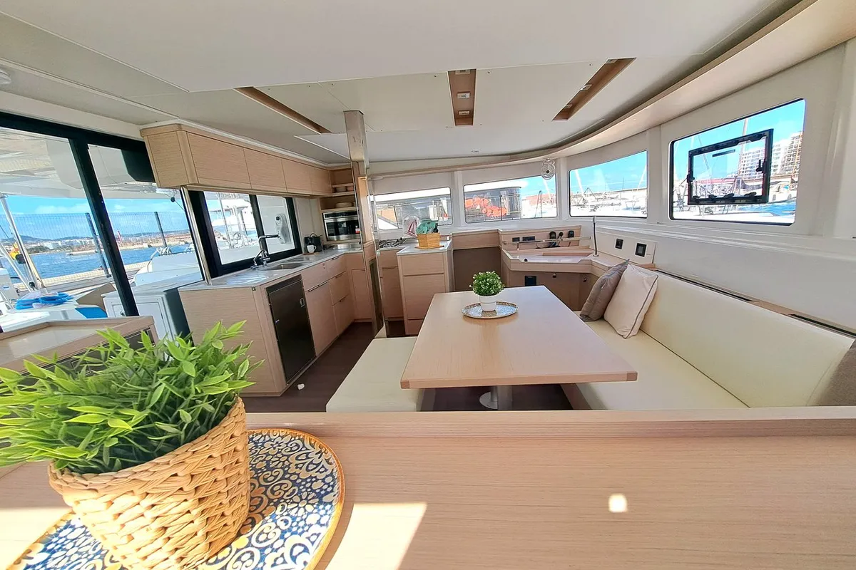 Salon of silver elli, a Lagoon 46 catamaran at Sant Antoni de Portmany, Spain