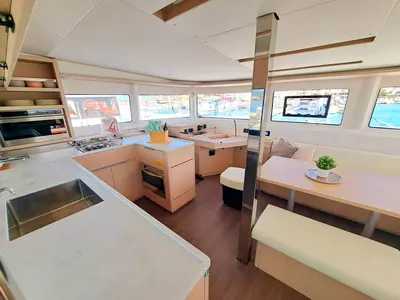 Galley of silver elli, a Lagoon 46 catamaran at Sant Antoni de Portmany, Spain