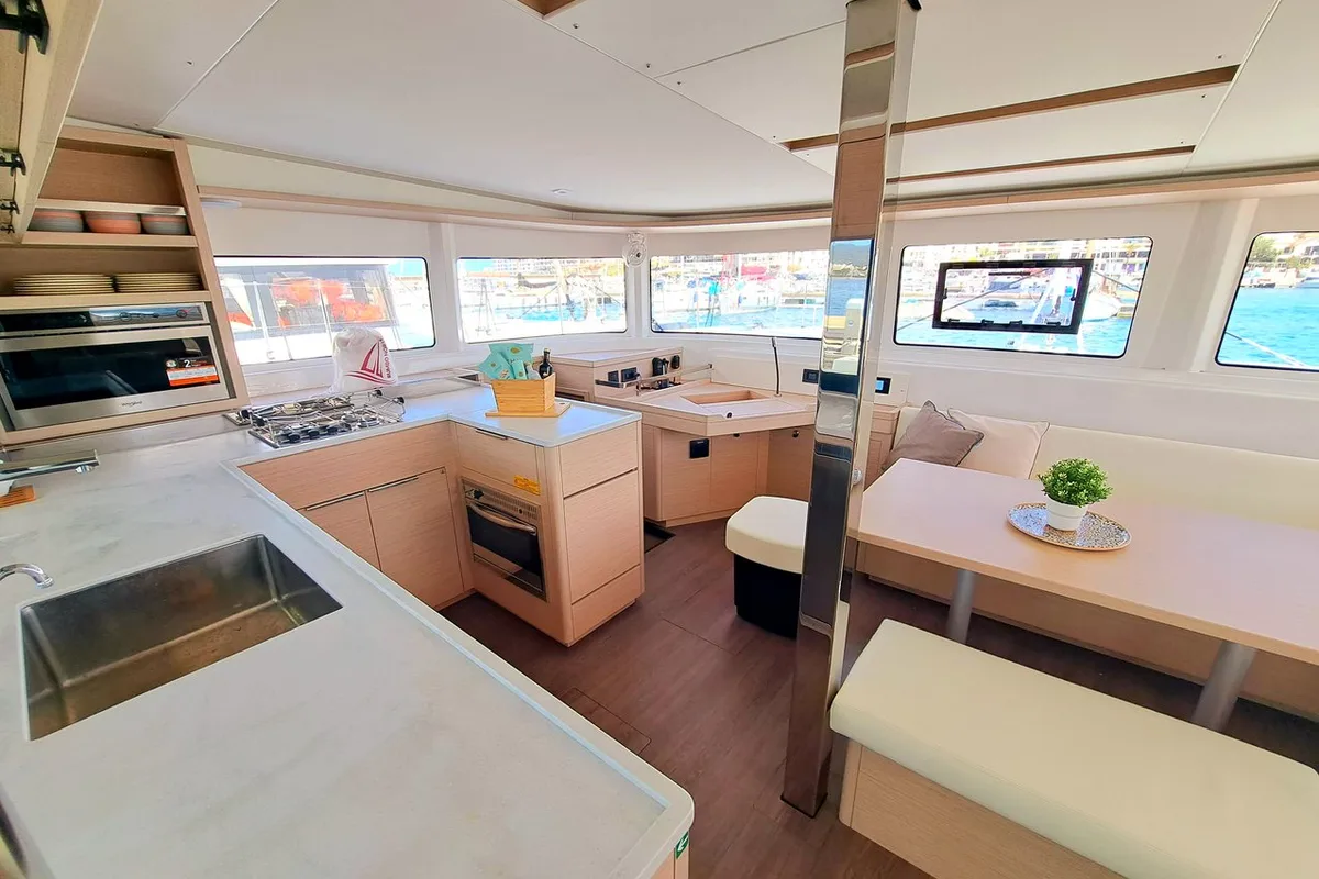 Galley of silver elli, a Lagoon 46 catamaran at Sant Antoni de Portmany, Spain