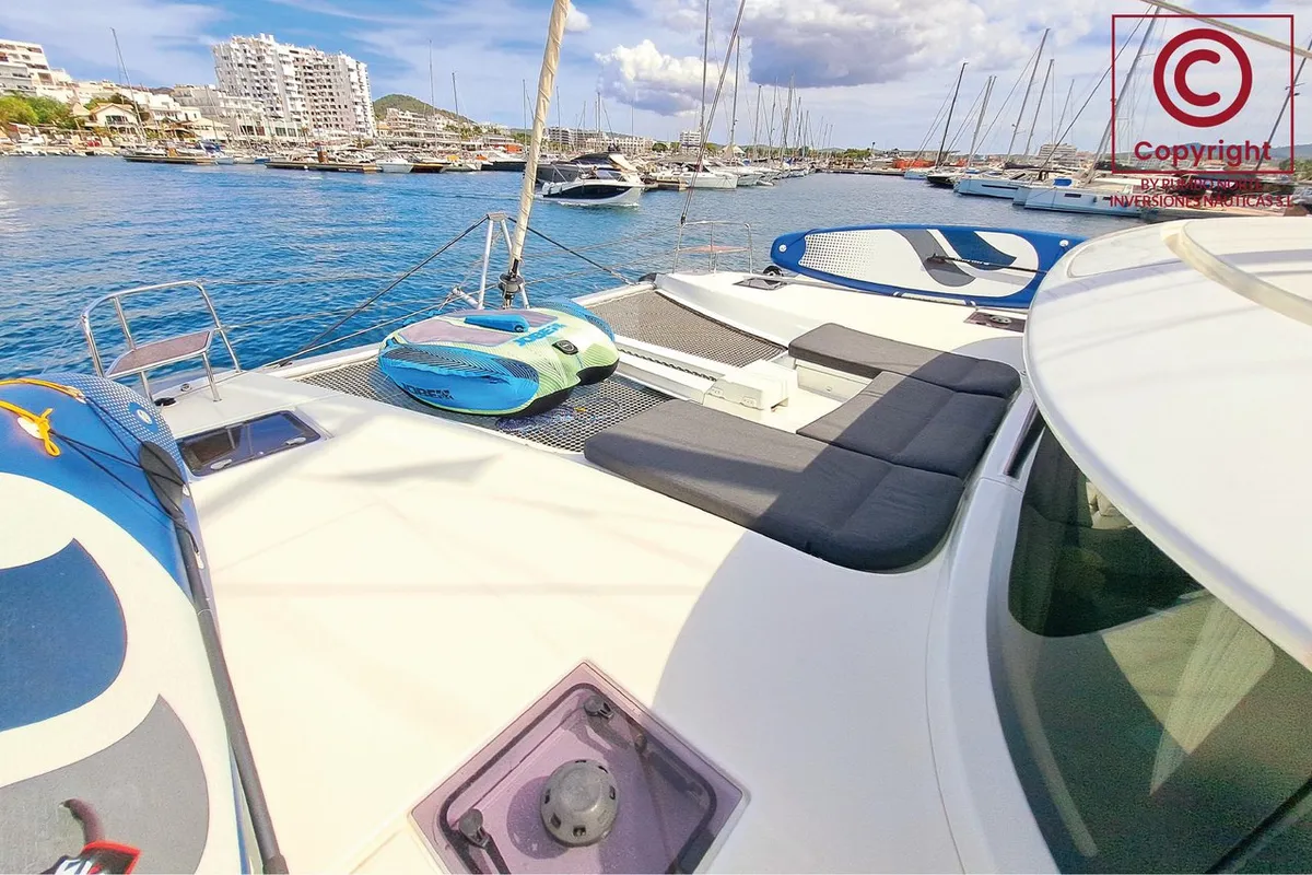 Deck of silver elli, a Lagoon 46 catamaran at Sant Antoni de Portmany, Spain