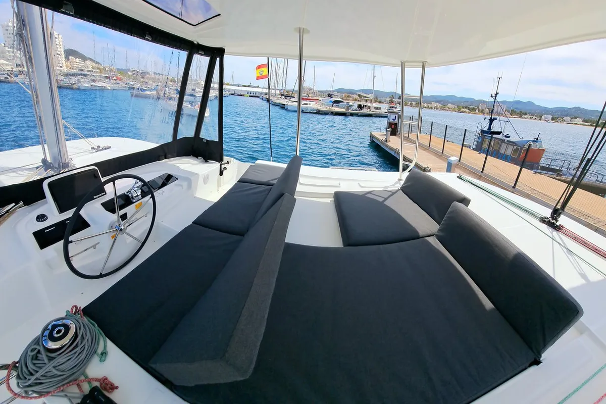 Deck of silver elli, a Lagoon 46 catamaran at Sant Antoni de Portmany, Spain