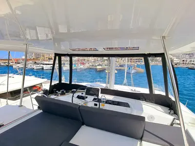 Cockpit of silver elli, a Lagoon 46 catamaran at Sant Antoni de Portmany, Spain