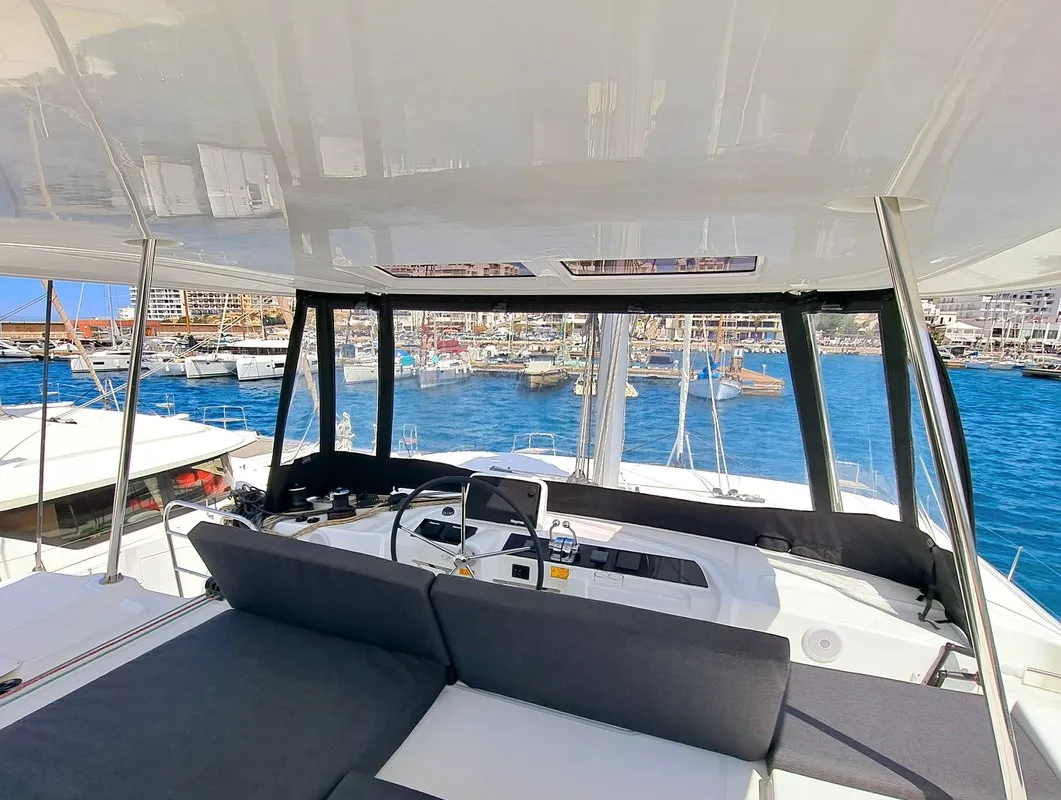 Cockpit of silver elli, a Lagoon 46 catamaran at Sant Antoni de Portmany, Spain