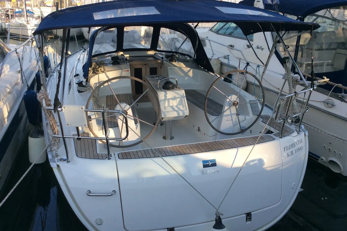 Cockpit of Florentia, a Bavaria Cruiser 37 sailboat at Pteleos, Greece