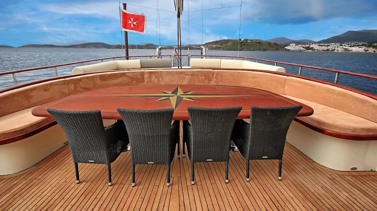 Deck of Dragon Fly, a Gulet Custom built 183 motor yacht at Bodrum, Turkey