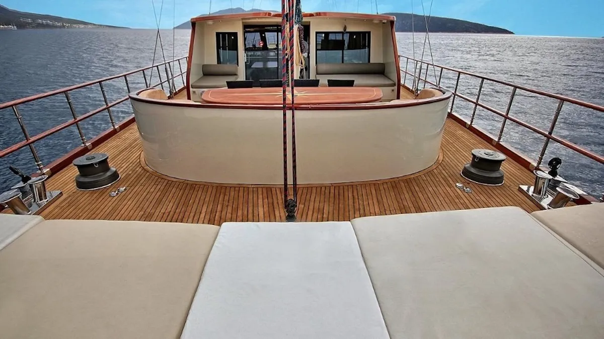 Deck of Dragon Fly, a Gulet Custom built 183 motor yacht at Bodrum, Turkey