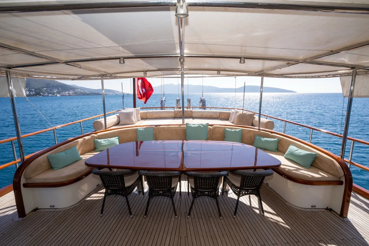 Deck of Dragon Fly, a Gulet Custom built 183 motor yacht at Bodrum, Turkey