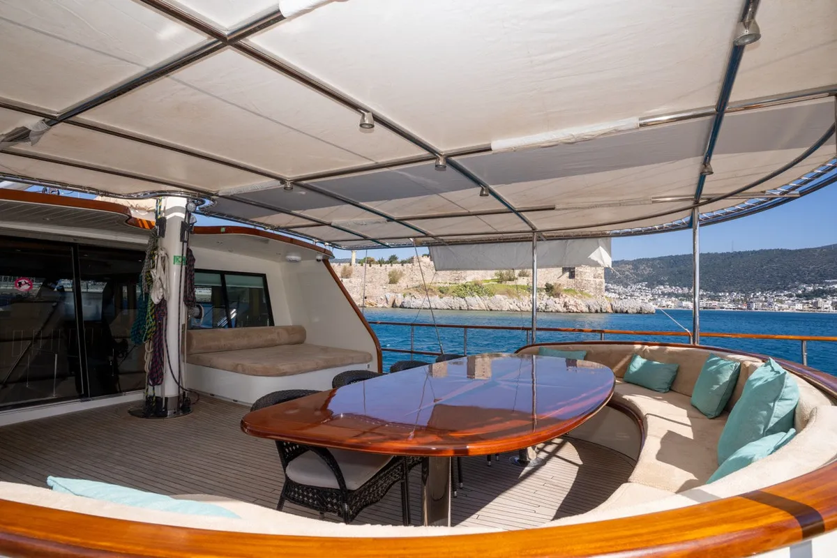 Deck of Dragon Fly, a Gulet Custom built 183 motor yacht at Bodrum, Turkey