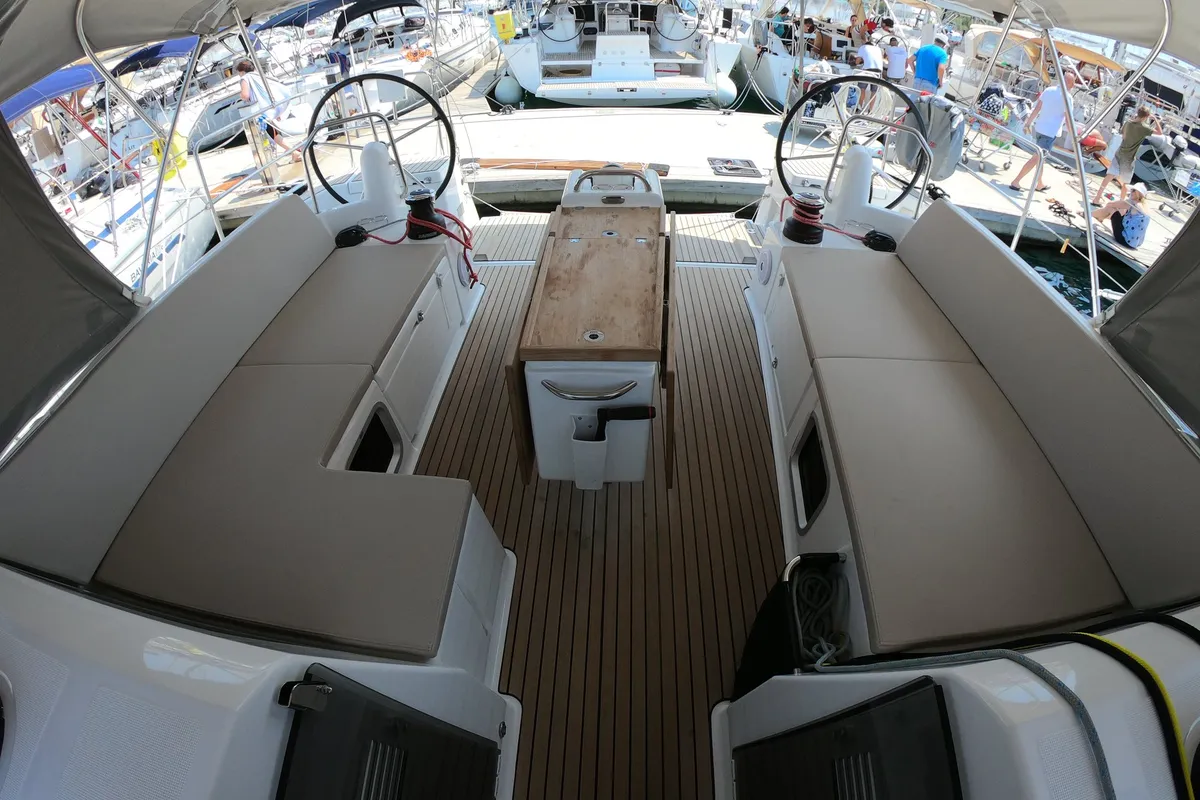 Cockpit of Nonna, a Jeanneau Sun Odyssey 490 sailboat at Šibenik, Croatia