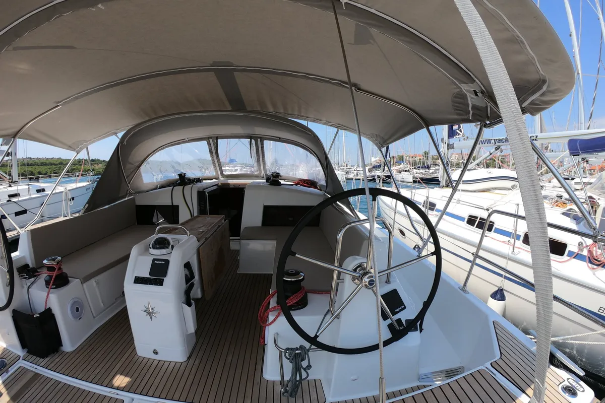 Cockpit of Nonna, a Jeanneau Sun Odyssey 490 sailboat at Šibenik, Croatia