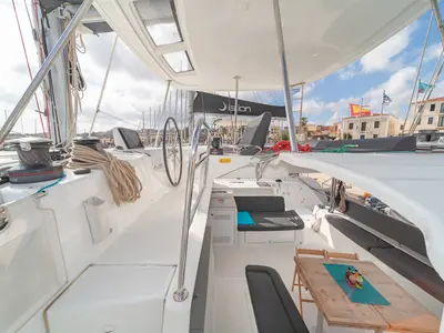 Cockpit of One Thought, a Lagoon 46 catamaran at Lefkada, Greece