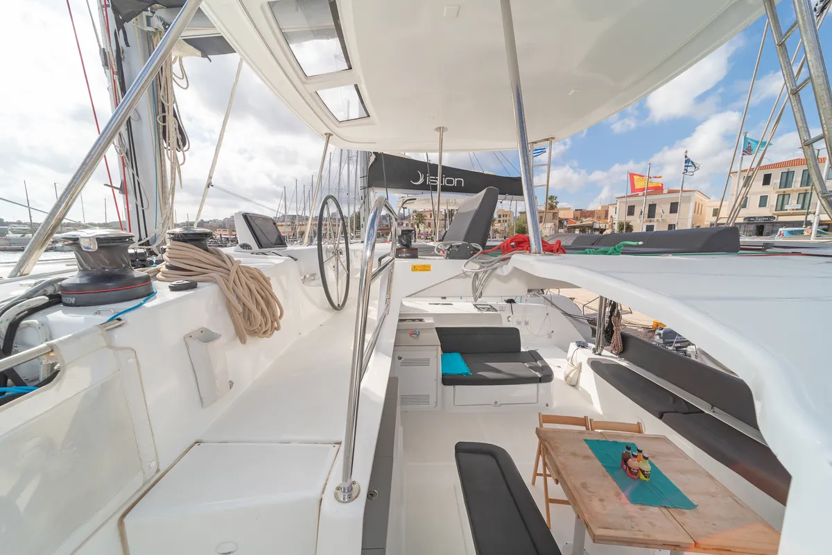 Cockpit of One Thought, a Lagoon 46 catamaran at Lefkada, Greece