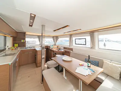 Salon of One Thought, a Lagoon 46 catamaran at Lefkada, Greece