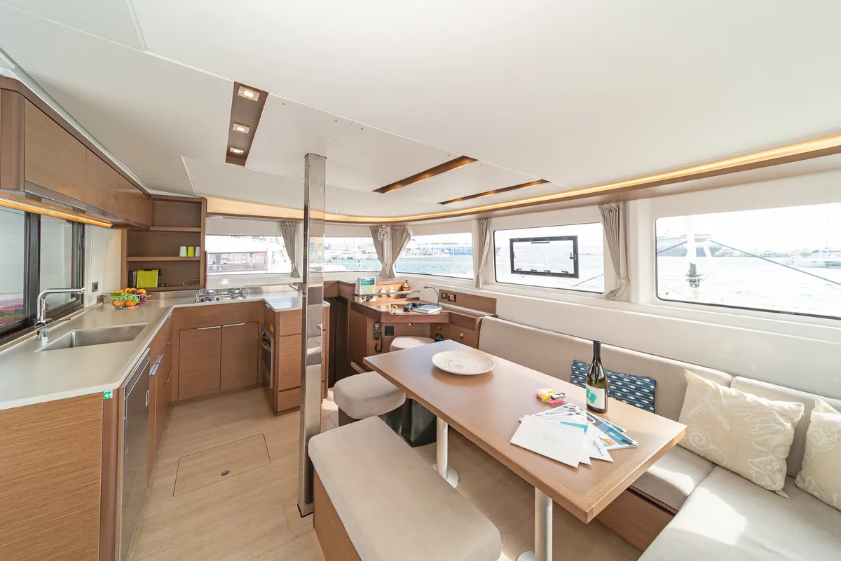 Salon of One Thought, a Lagoon 46 catamaran at Lefkada, Greece