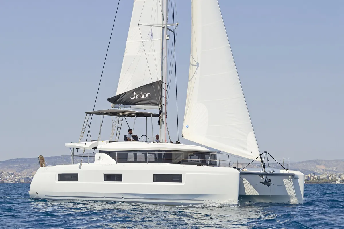 Exterior view of One Thought, a Lagoon 46 catamaran at Lefkada, Greece