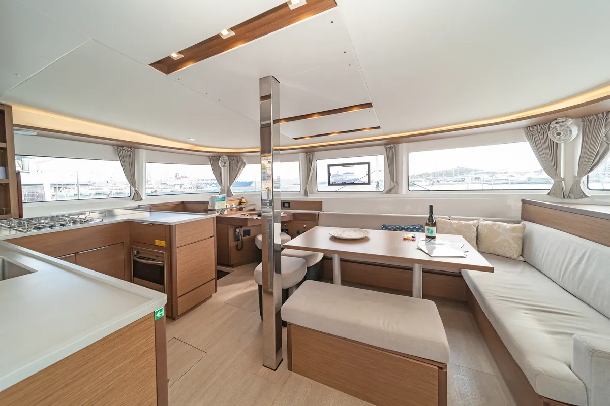 Salon of One Thought, a Lagoon 46 catamaran at Lefkada, Greece
