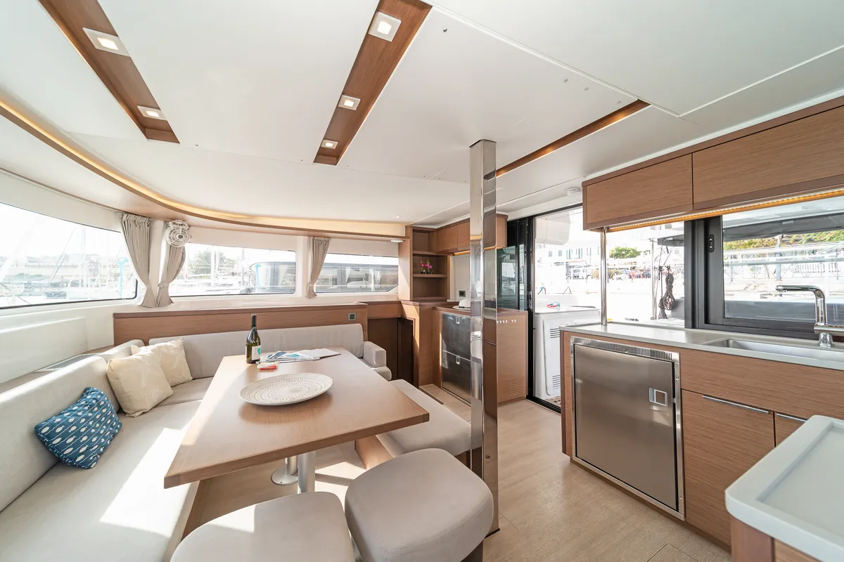 Salon of One Thought, a Lagoon 46 catamaran at Lefkada, Greece