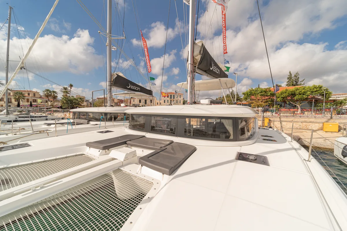 Deck of One Thought, a Lagoon 46 catamaran at Lefkada, Greece
