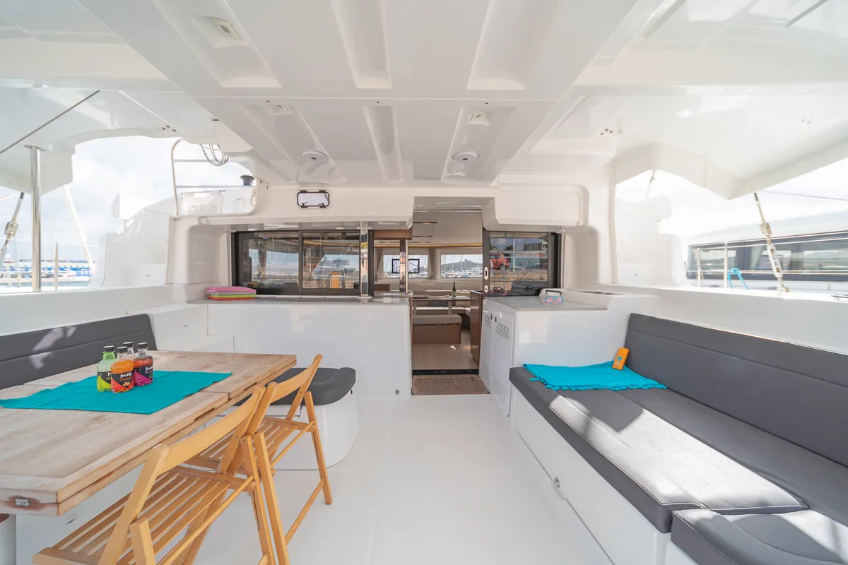 Deck of One Thought, a Lagoon 46 catamaran at Lefkada, Greece