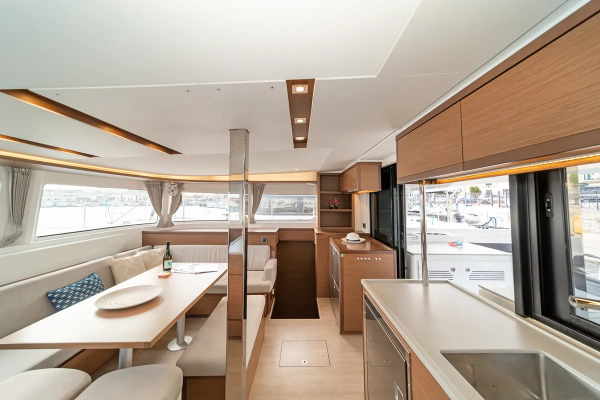 Salon of One Thought, a Lagoon 46 catamaran at Lefkada, Greece
