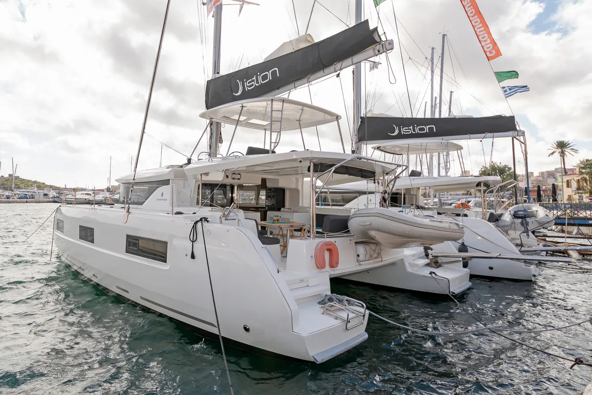 Exterior view of One Thought, a Lagoon 46 catamaran at Lefkada, Greece