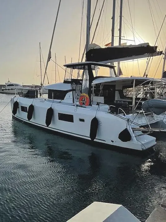 Exterior view of Bob, a Lagoon 42 catamaran at Athens, Greece