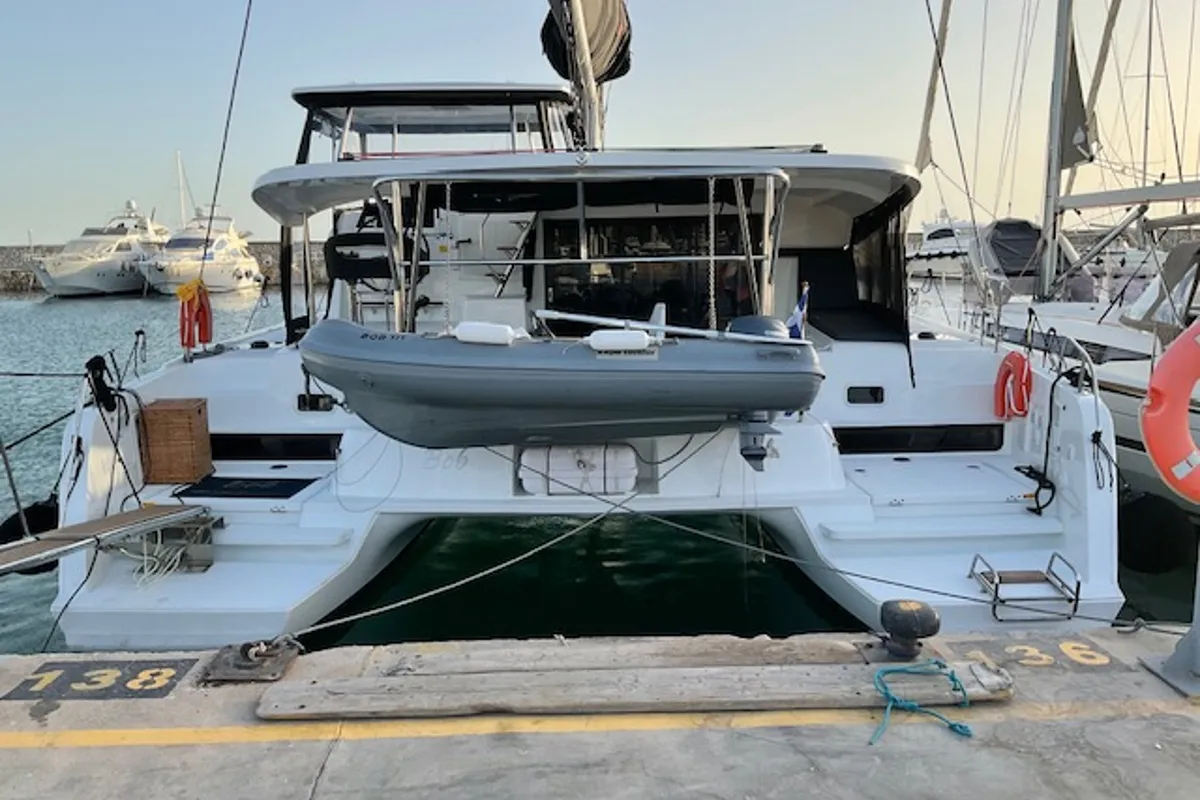 Exterior view of Bob, a Lagoon 42 catamaran at Athens, Greece