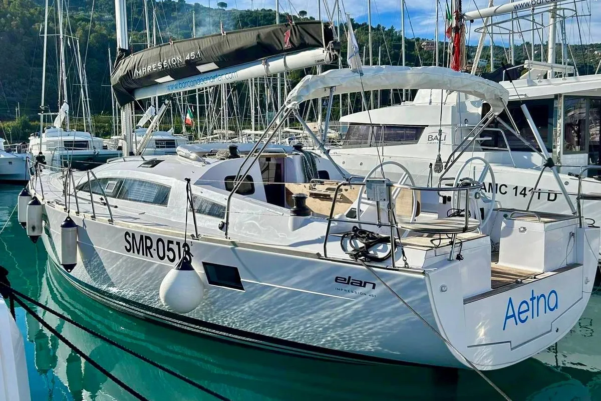 Exterior view of Aetna, a Elan Impression 45.1 sailboat at Capo d'Orlando, Italy