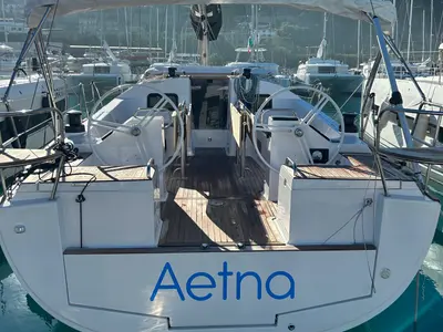 Cockpit of Aetna, a Elan Impression 45.1 sailboat at Capo d'Orlando, Italy