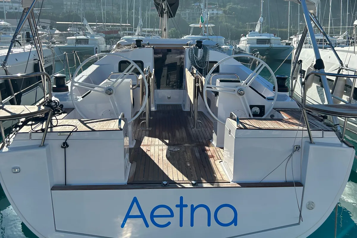 Cockpit of Aetna, a Elan Impression 45.1 sailboat at Capo d'Orlando, Italy